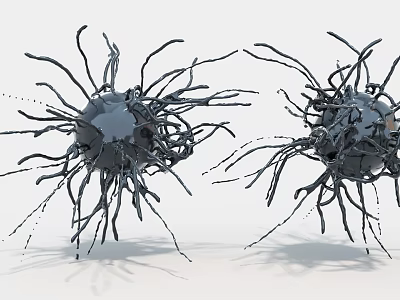 Two Abstract Black Spherical Sculptural Art Installations With Long Thin Protrusions 3d model
