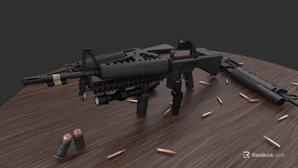 Black Tactical Rifle With Metal Parts Magazines And Bullets On Wooden Table 3d model 