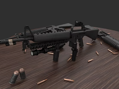 Black Tactical Rifle With Metal Parts Magazines And Bullets On Wooden Table 3d model