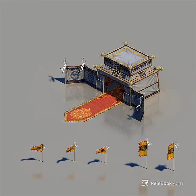 Traditional Oriental Decorative Tent With Ornate Roof Red Carpet And Small Flags 3d model 