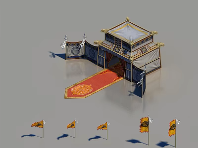 Traditional Oriental Decorative Tent With Ornate Roof Red Carpet And Small Flags 3d model