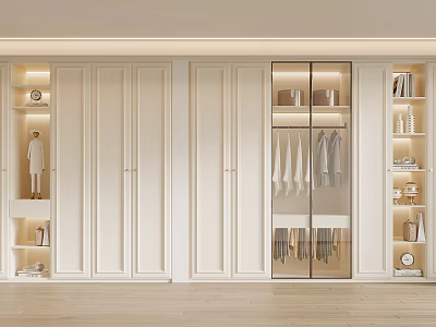 Modern White Wardrobe Interior Design With Glass Doors Hanging Clothes And Storage Shelves 3d model
