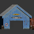 Blue Wooden Residential Building With Gray Roof Arched Door Lifebuoy Small Boat And Red Buoy