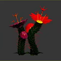 3D Rendered Cactus Plant With Red And Pink Flowers And Green Leaves Stems