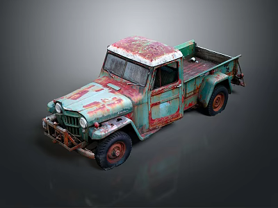 Vintage Rusted Truck Featuring Weathered Blue Green Red Paint Open Bed Classic Retro Design 3d model