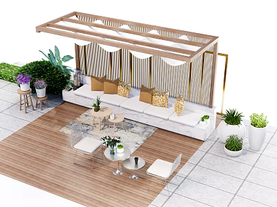 Outdoor Pergola With Comfortable Sofa Coffee Table And Green Plants For Relaxing Outdoor Living Space 3d model
