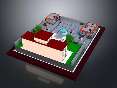 Single Storey Residential Building with Red Roof Green Lawn and Courtyard Fountain 3d model
