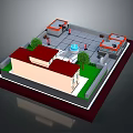 Single Storey Residential Building with Red Roof Green Lawn and Courtyard Fountain