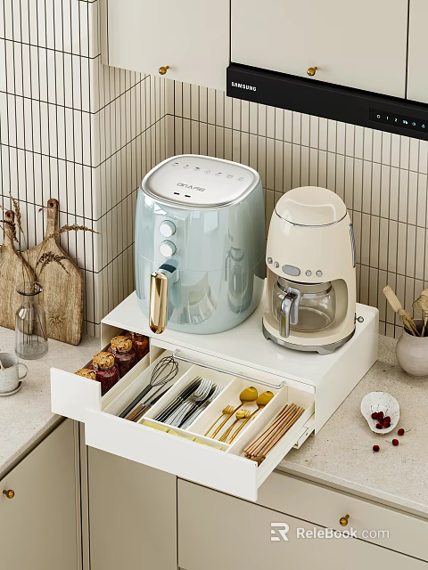 Modern Kitchen Cabinet with Open Drawer Utensils Light Blue Cream Appliances and Vertical Striped Tiles 3d model 