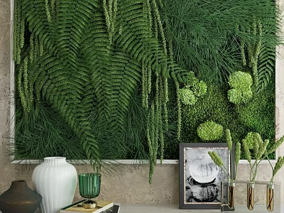 Lush Green Plant Wall In Indoor Space With White Vase Picture Frame And Decorative Items 3d model