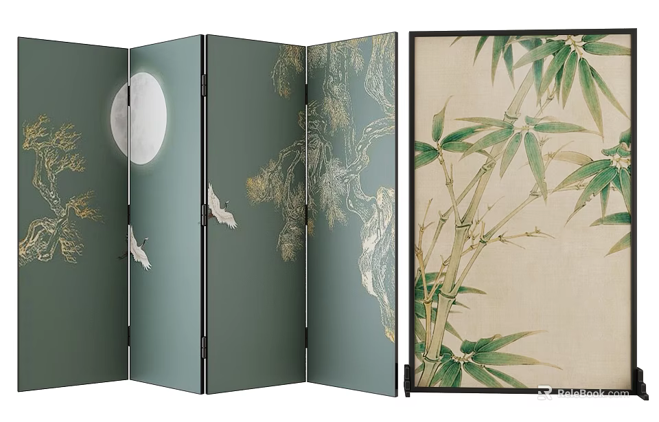 Traditional Chinese Folding Screen With Moon Birds Bamboo And Landscape 3d model 