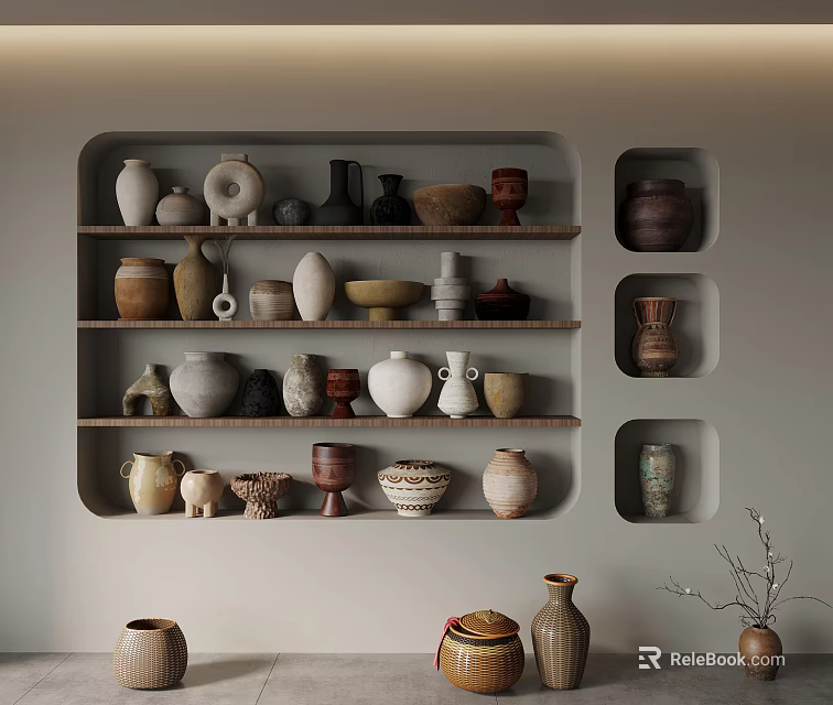 Ceramic Vessels On Wall Mounted Shelves Display Various Shapes And Earthy Tones In Minimalist Interior 3d model 