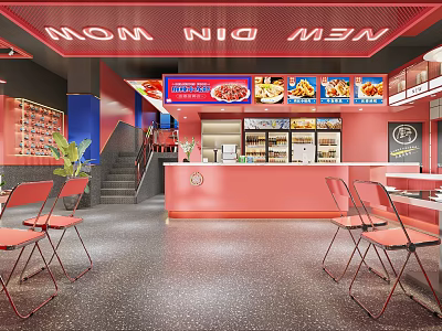 Stylish Modern Restaurant Interior With Neon Sign Red Counter Menu Posters And Red Chairs 3d model