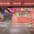 Stylish Modern Restaurant Interior With Neon Sign Red Counter Menu Posters And Red Chairs