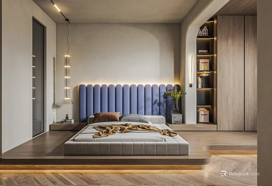 Modern Bedroom Interior Design With Blue Tufted Headboard Wooden Wardrobe And Green Plant 3d model 