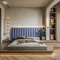 Modern Bedroom Interior Design With Blue Tufted Headboard Wooden Wardrobe And Green Plant