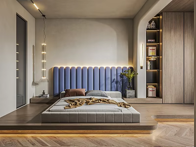 Modern Bedroom Interior Design With Blue Tufted Headboard Wooden Wardrobe And Green Plant 3d model