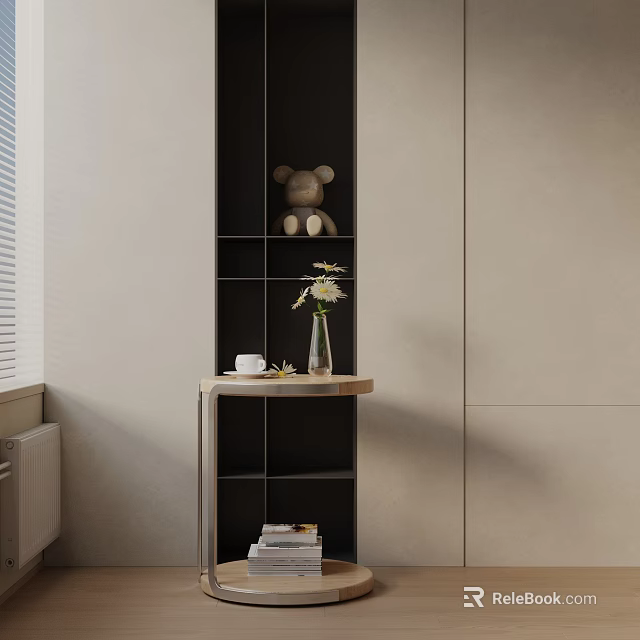 Modern Side Table with Wooden Shelf Teddy Bear Vase Cup and Books 3d model 