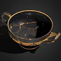 Ancient Ceramic Kylix with Black Gold Patterns Figural Motifs and Crackle Design