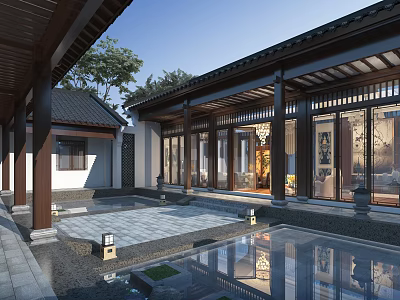 Traditional Chinese Ancient Architecture Courtyard With Wooden Structure Tile Roof And Stone Lanterns Design 3d model
