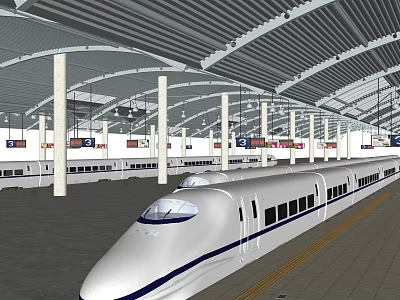 Modern High Speed Train Station With Curved Roof White Columns And Platform 3d model