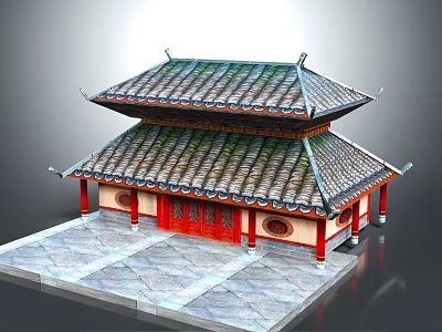 Cartoon Scene of Chinese Two Story Building Red Doors Gray Tile Roof and Stone Platform 3d model