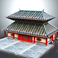 Cartoon Scene of Chinese Two Story Building Red Doors Gray Tile Roof and Stone Platform