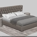 Modern Upholstered Double Bed with Tufted Headboard Plush Pillows and Round Nightstands on Beige Rug