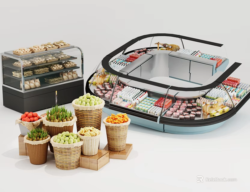 Commercial Display Freezers With Glass Door Showcase And Fresh Fruits Pastries Storage Design 3d model 