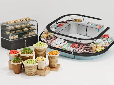 Commercial Display Freezers With Glass Door Showcase And Fresh Fruits Pastries Storage Design 3d model