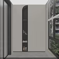 Modern Minimalist Balcony Cabinet Design With Arched Light Shelves And Window Greenery