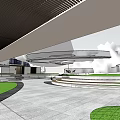 Modern Sales Office Building With Large Glass Facade Landscaped Steps And Circular Plaza