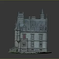Vintage Gothic Building Model With Spire Towers Slate Roof Arched Windows And Stone Steps