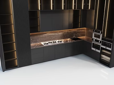 Modern Kitchen With Black Cabinets Sleek Countertop And Built In Appliances 3d model