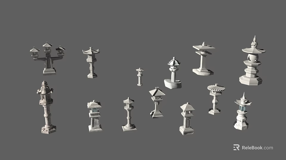Traditional Japanese Stone Outdoor Lanterns with Various Designs and Sizes 3d model 