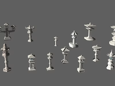 Traditional Japanese Stone Outdoor Lanterns with Various Designs and Sizes 3d model