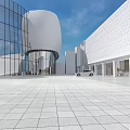 Modern Commercial Street With Glass Curtain Wall Buildings White Curved Roof And Spacious Plaza Design
