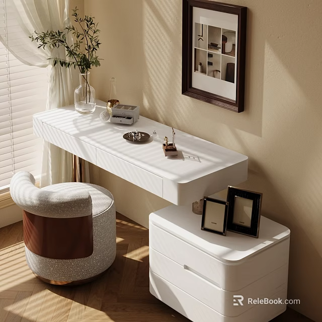 White Modern Dressing Table With Padded Stool Decorative Vase Photo Frames Window And Mirror Background 3d model