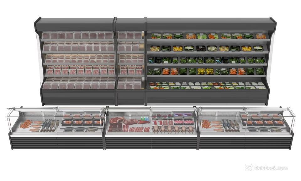 Commercial Display Refrigerators And Freezers With Multiple Shelves For Fresh Produce And Meat 3d model 