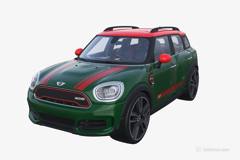 Sporty Green SUV Car with Red Roof Side Stripes Round Headlights and Black Wheels 3d model 