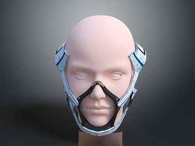 Futuristic Facial Device on White Mannequin Head with Blue Tech Components and Black Straps 3d model