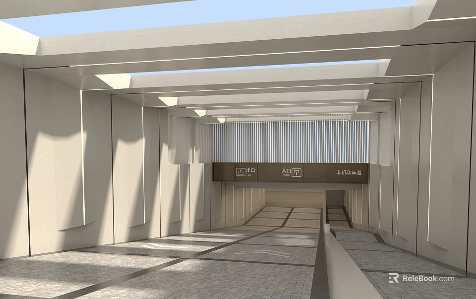 Modern Garage Interior With P+R Signage Gray Floor Tiles And Ceiling Light Strips 3d model 