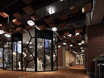 Elevator Corridor With Glass Doors Wooden Ceiling Recessed Lighting And Brick Floor 3d model