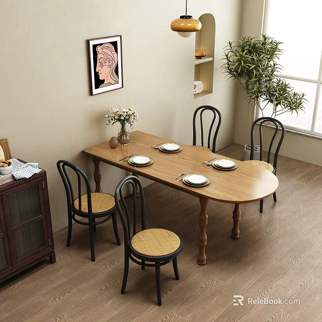 Wooden Oval Dining Table Set with Black Back Chairs Woven Seats Potted Plant Natural Light 3d model 
