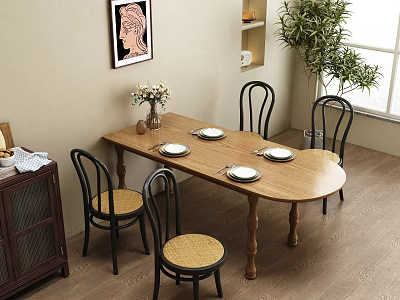 Wooden Oval Dining Table Set with Black Back Chairs Woven Seats Potted Plant Natural Light 3d model