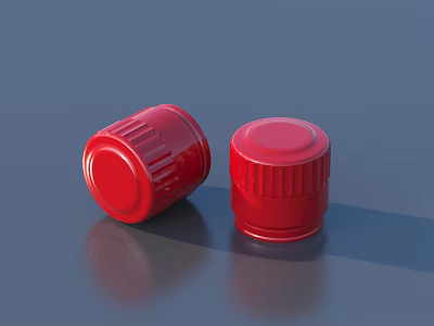 Two Red Bottle Caps With Ribbed Design On Dark Blue Surface 3d model