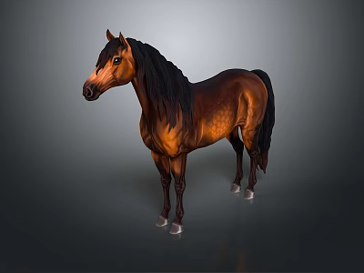 Brown Horse With Black Mane Standing On Gray Background 3D Render 3d model