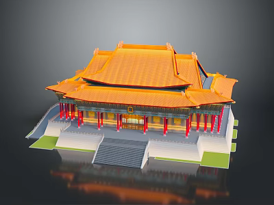 Chinese Ancient Architecture With Yellow Tiled Roof Red Pillars And Symmetrical Structure 3d model