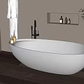 White Oval Bathtub with Black Faucet Niche Bottles White Robe Green Plant on Wooden Floor