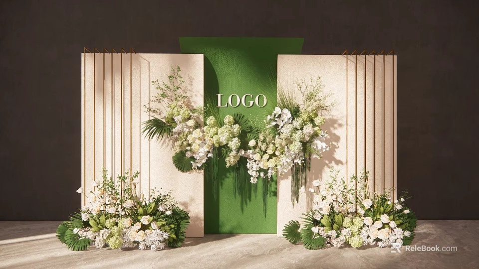 Elegant Wedding Backdrop Design With Green Panel Logo And Floral Decorations 3d model